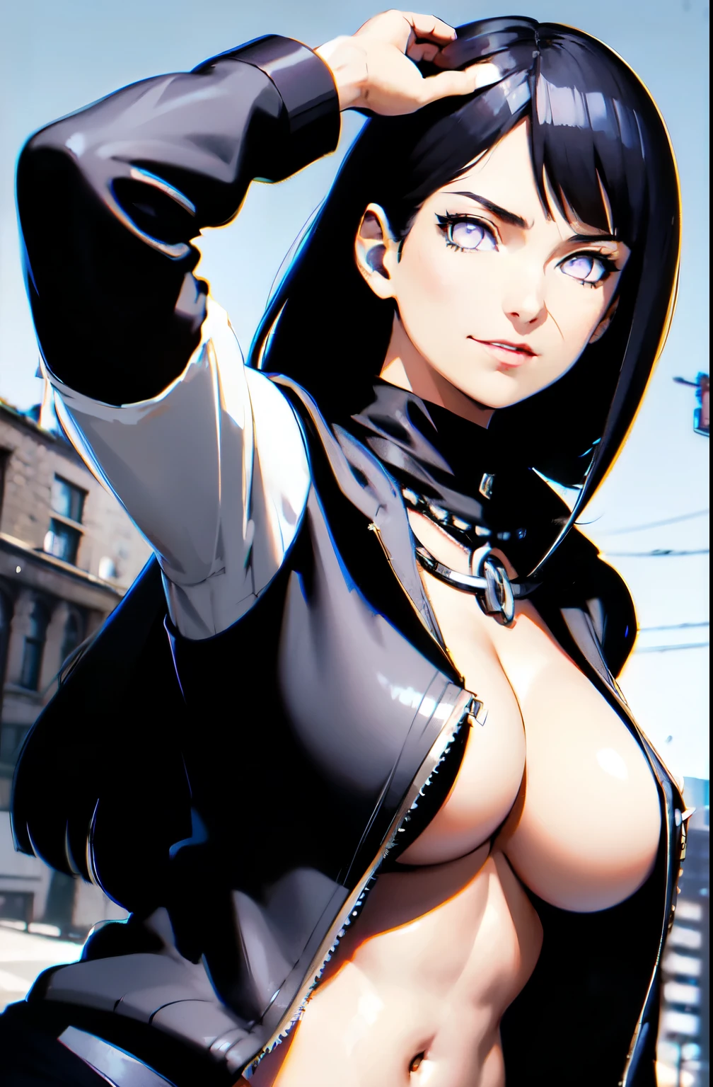 masterpiece,stunning realistic,best quality,sharpness,sharp face,smil,Photo of the fully body
black long hair,purple eyes,big ,tanktop,breast,Side breasts,cargopants with many pockets,open bellybuttons,opened up lags,black cloak,silver necklace,silver chain,black gloves