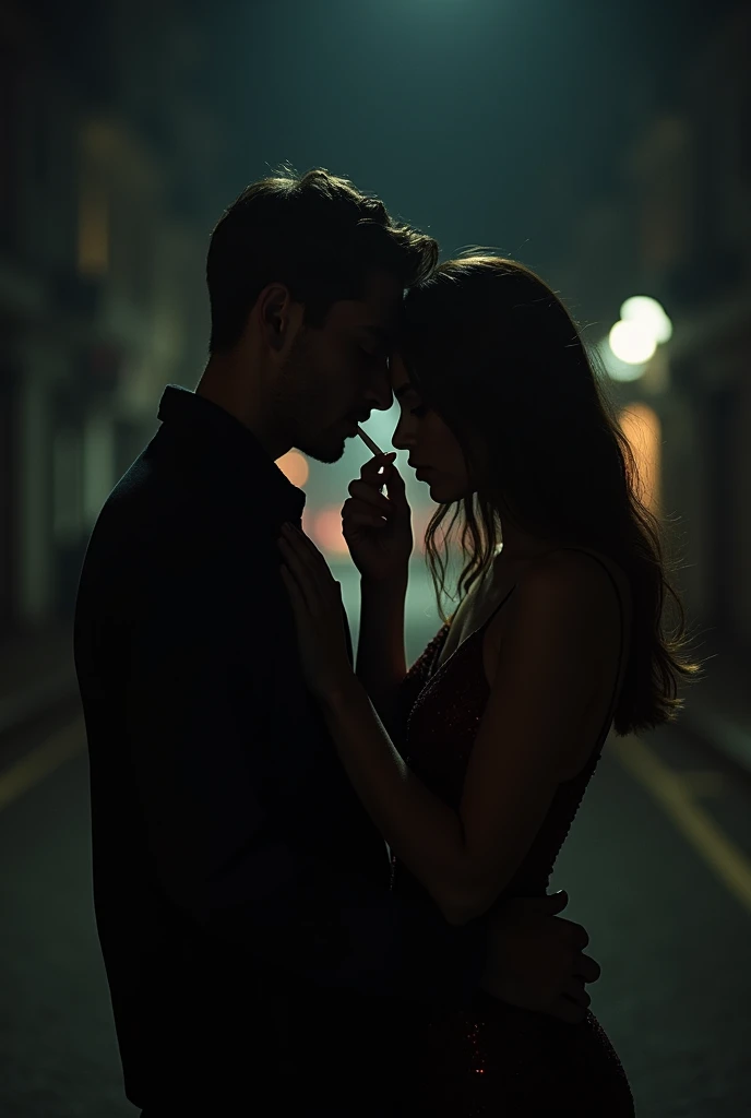 A guy is standing resting to a wall in midnight in low ligh holding his girlfriend. His girlfriend is standing in the same position as the boy but resting her back over the boyfriend.The girl's ass is touched to the boy and she is standing in the opossote direction. The guy is holding her tight by back hugging her with his hand between her arms. The girl is helping the guy to smoke a cigeratte while the cigeratte is in her hand. She is puffing it into the boys mouth by bending her hand behind holding the cigeratte. Make this image as the camera is placed infront of these people and the girl and the boy both are standing in the same direction.