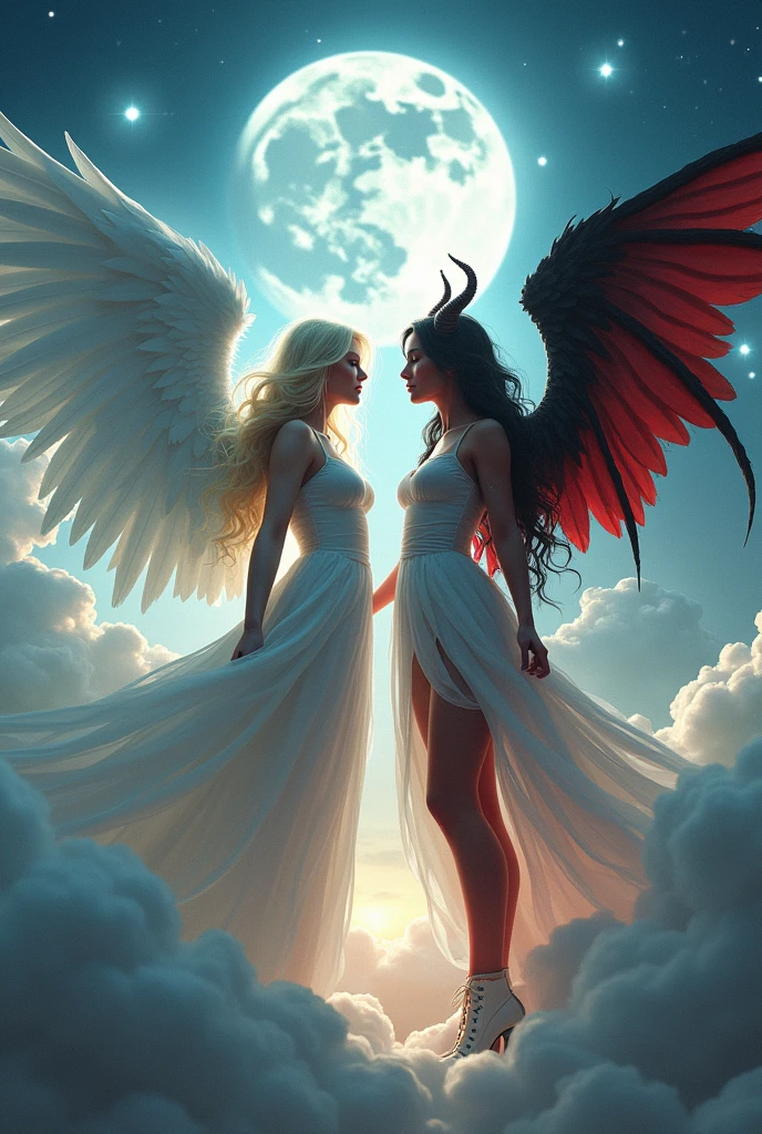 (highest quality, masterpiece, High resolution), 16K, fantasy art, RPG art a picture of (((2 women))), BREAK a (1female angel: 1.3) , wearing dress, pale skin, best details beautiful face , (blond: 1.2)  hair, long hair wavy hair  (blue: 1.1) eyes, high heeled boots, wearing a dress,  large angelic wings, (white: 1.2) angelic wings spread BREAK ((AND))  a (1female demon: 1.3), (red: 1.2) skin, demonic wings, (black: 1.1) demonic wings spread, demonic horns, (red: 1.1) skin, black hair, red eyes, best details beautiful face, wearing a dress, high heels, in the border between heaven and hell, moon, stars, clouds, god rays, soft natural light silhouette, dynamic angle,  photorealism, panoramic view (Masterpiece 1.3, intense details) , Wide-Angle, Ultra-Wide