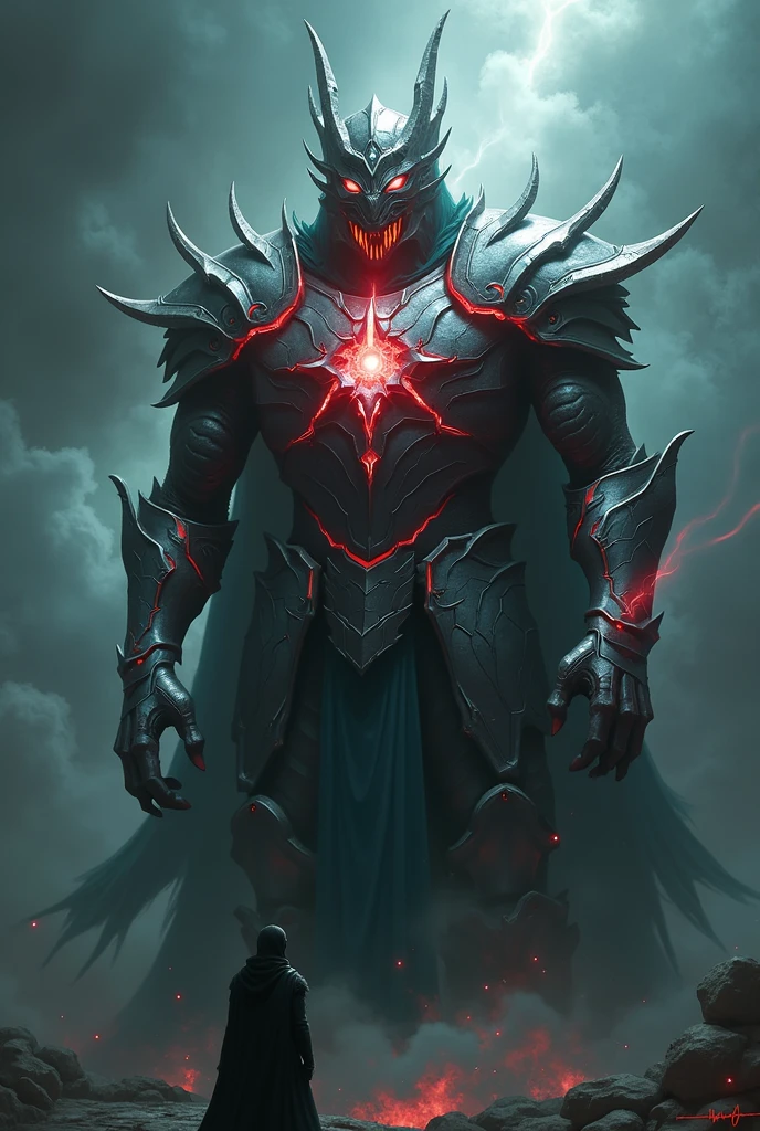 The armor is completely destroyed and the power of the beast sealed inside the armor is erupting.,Red light leaks out from the damaged area of the armor.,The human who released Fenrir&#39;s seal