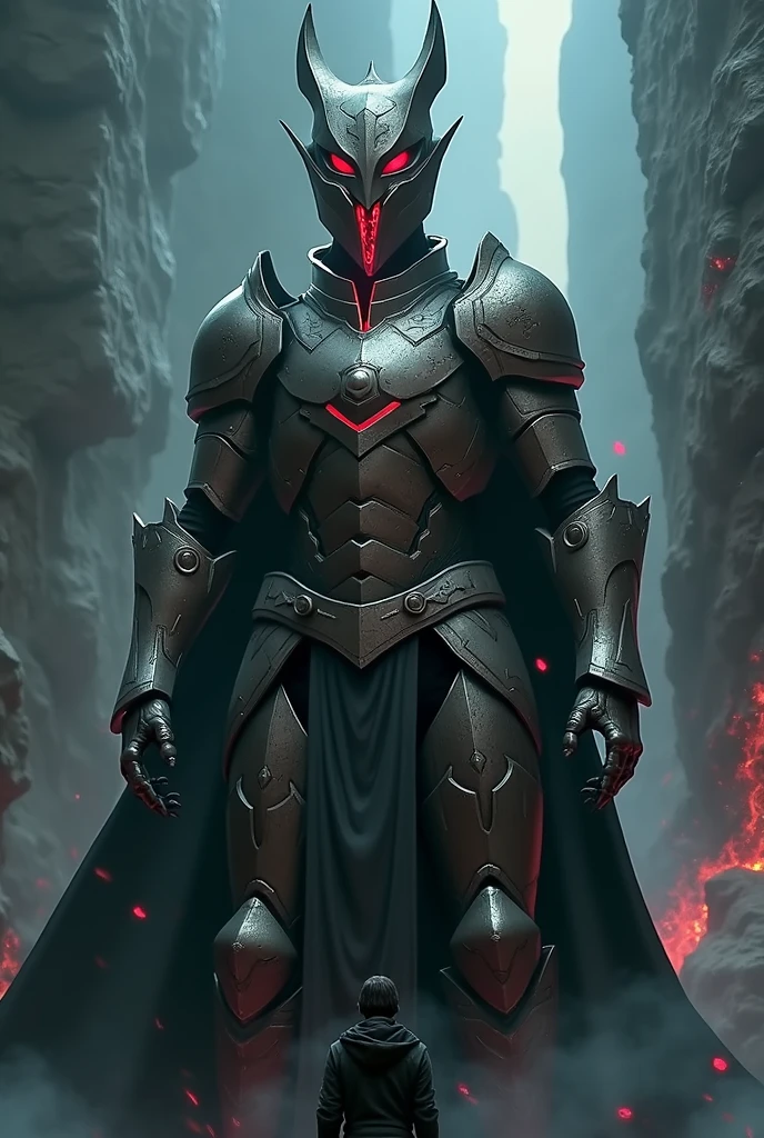 The armor is completely destroyed and the power of the beast sealed inside the armor is erupting.,Red light leaks out from the damaged area of the armor.,The human who released Fenrir's seal