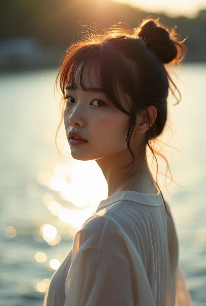 Japanese actress standing by the water, Soft Light, Backlight, Shot with Canon EOS 5D, Soft Lowlights, DSLR 5.0 mm 、Soft lighting, Soft light from the side。The latest beauties of 2024