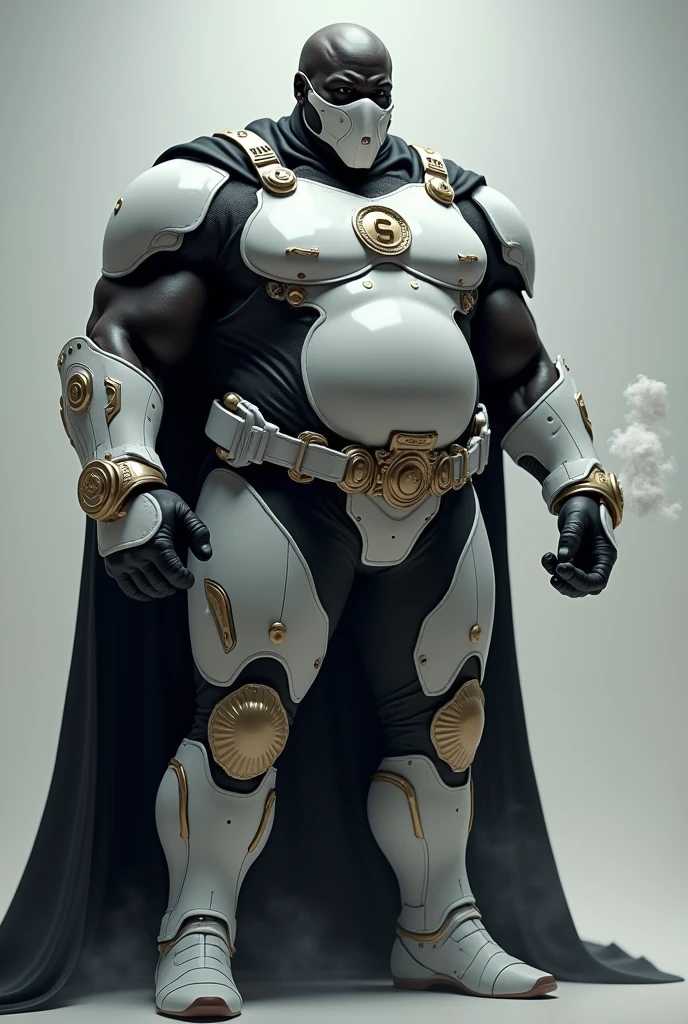 Dark-skinned man with a big belly wearing a white combat suit covering his mouth and chin , he has an S symbol on his chest , He has fancy bracelets and his bracelets release a white gas, he also has a sense of utility, and also a black cape
