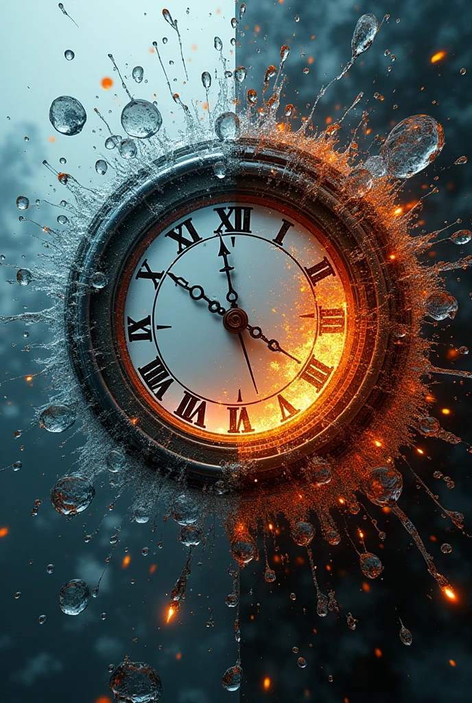 the entire image shows shattered cracked glass, fusion of (cyber, diesel, clock, steam) punk and (water, fire, earth, wind) punk, conceptual installation art, 2.5D, delicate and dynamic, artistic, hyper, graphic CG digital art