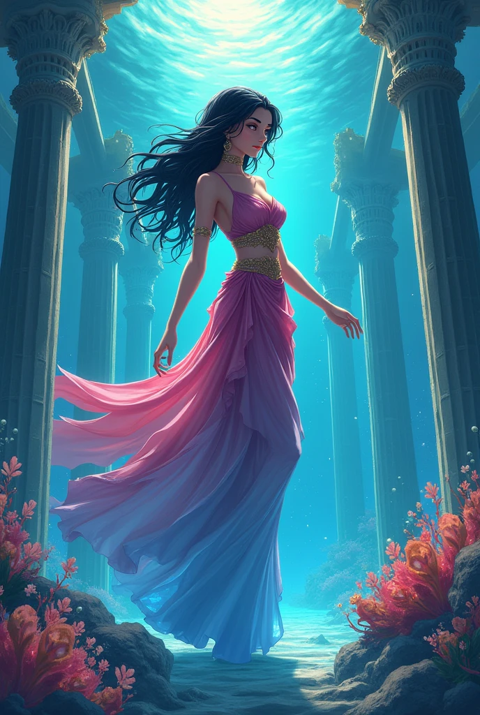 an underwater city、Greece、Fantasy、goddess、Black Hair、beautiful、dress、Mature、bright、Vibrant、Fantasy、Anime Style