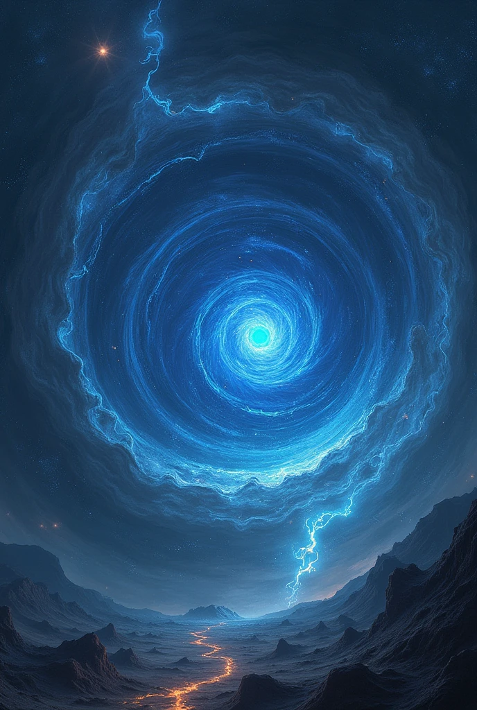 A terrifying creature,the star eater,it is shaped like a cosmic blue eye in the middle of a comic vortex like a black hole that sucks in all the stars around it