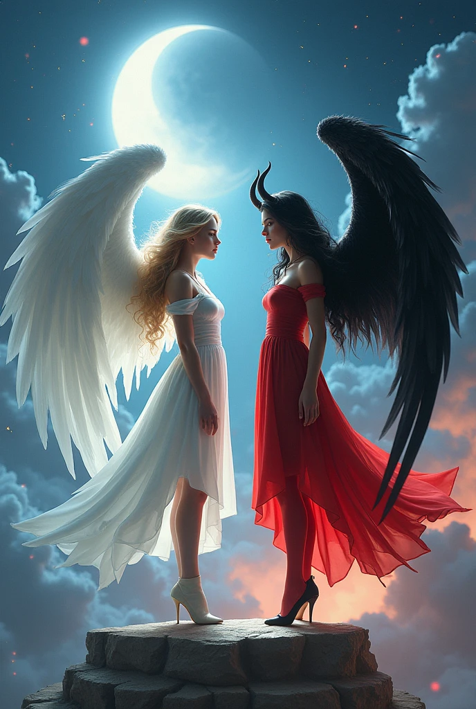 (highest quality, masterpiece, High resolution), 16K, fantasy art, RPG art a picture of (((2 women))), BREAK a (1female angel: 1.3) , wearing dress, pale skin, best details beautiful face , (blond: 1.2) hair, long hair wavy hair (blue: 1.1) eyes, high heeled boots, wearing a dress, large angelic wings, (white: 1.2) angelic wings spread BREAK ((AND)) a (1female demon: 1.3), (red: 1.2) skin, demonic wings, (black: 1.1) demonic wings spread, demonic horns, (red: 1.1) skin, black hair, red eyes, best details beautiful face, wearing a dress, high heels, in the border between heaven and hell, moon, stars, clouds, god rays, soft natural light silhouette, dynamic angle, photorealism, panoramic view (Masterpiece 1.3, intense details) , Wide-Angle, Ultra-Wide
