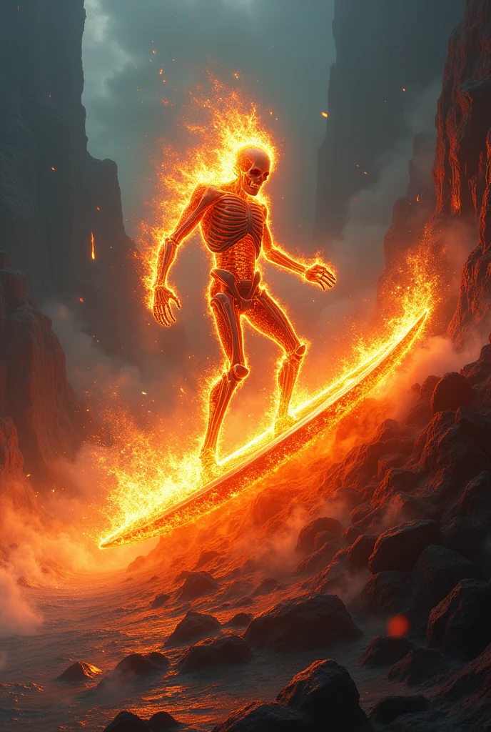 Create an image of ghost rider surfing on the flames of hell fire instead of bike use surfing board