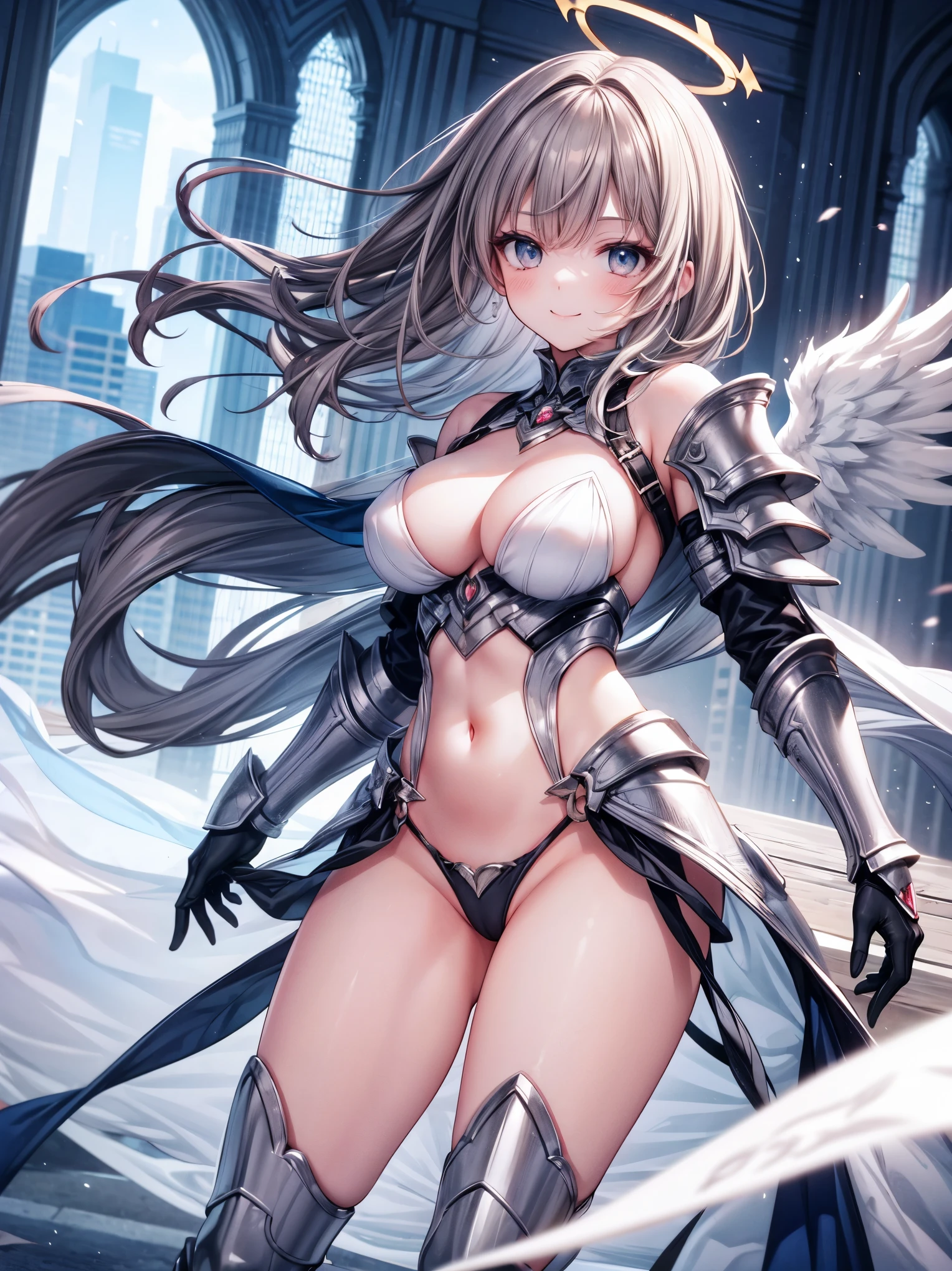 fantasy, 1angel_girl,(young_:1.5), ,brown_hair, medium_bob_hair, long_bangs, halo,bare_shoulder,thighhighs,silver_armor, waist_armor, large_breasts,1pair_wings, dynamic_pose_fighting,floating, bare_crotch, headgear,gauntlet, greaves,city_landscape_background,slightly_spread_legs, solo, groin_naked,smile