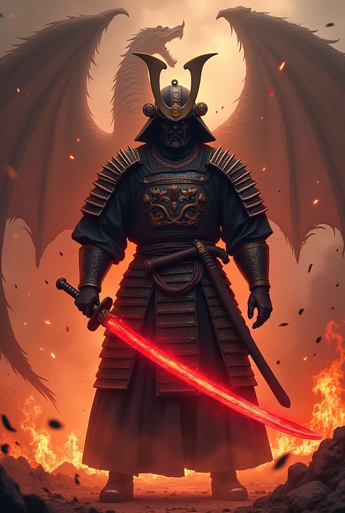 A shogun in a burning village angry holding his katana which red in color with hot tempered blade and he is alone
He has his full Armor with helmet and he isn't showing his face there is dragon shadow coming from his back
