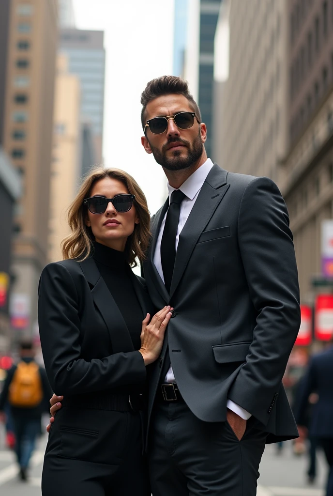 Handsome man with beard standing on the newyork street with sunglasses and his girlfriend