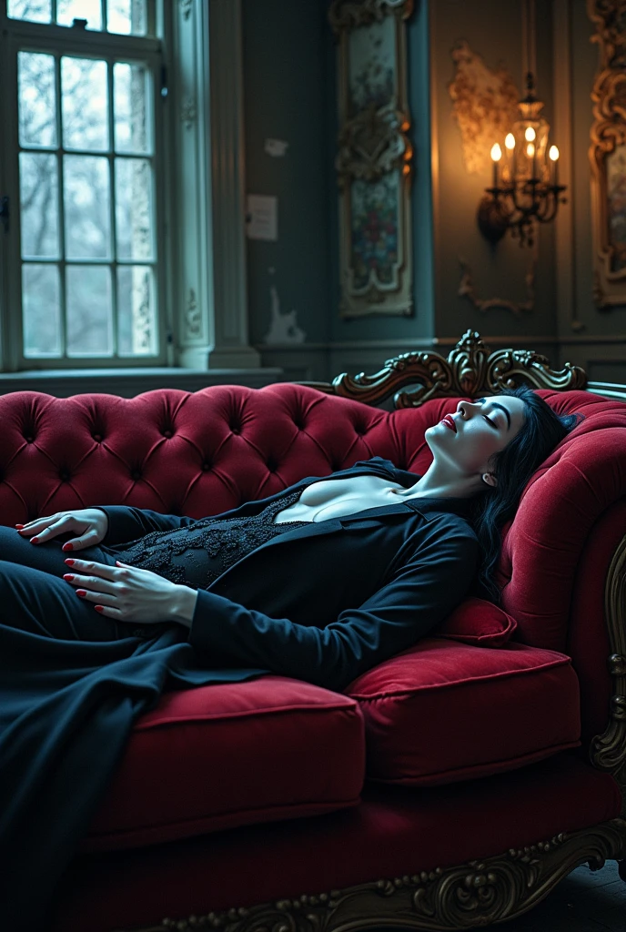 A vampire sleeping on a red velvet couch, in an abandoned Victorian mansion, Gothic style, illuminated by the light of twilight a combination of illustration and dark fantasy without losing realism