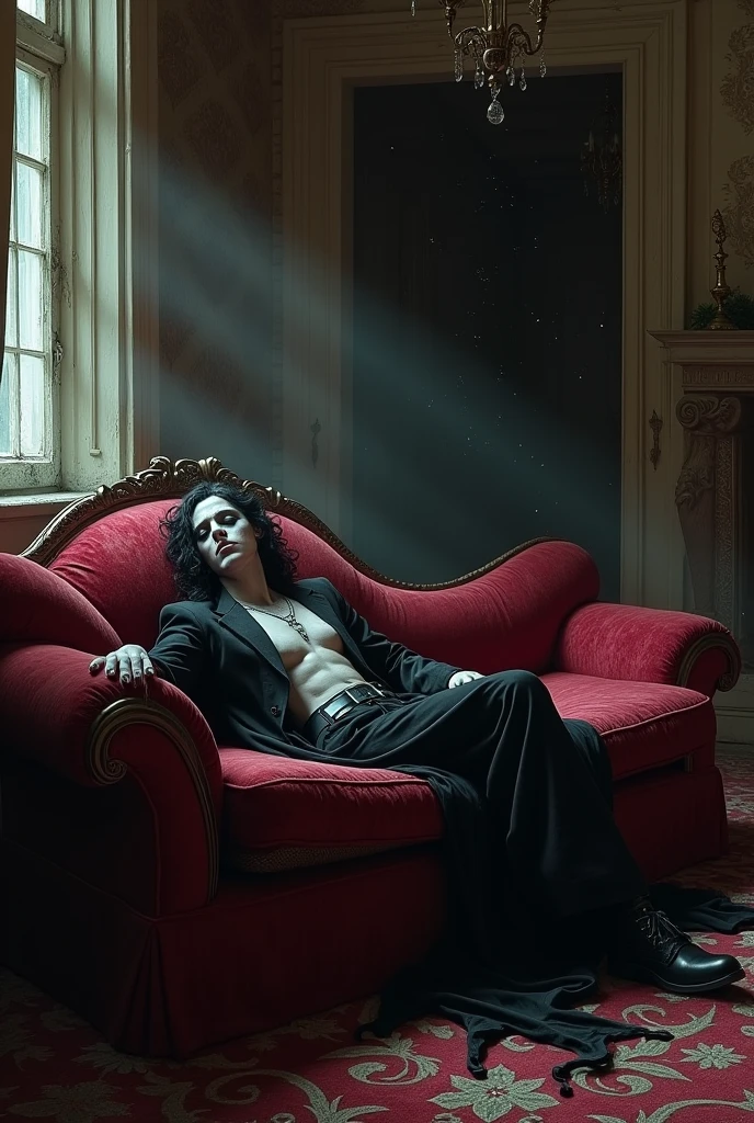 A vampire sleeping on a red velvet couch, in an abandoned Victorian mansion, Gothic style, illuminated by the light of twilight a combination of illustration and dark fantasy without losing realism