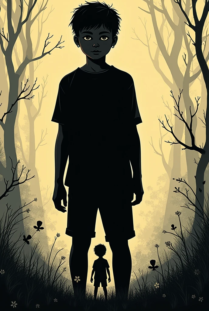 Simple (sibille artstyle) comic strip cover will have the main character ( boy) in the middle, with a smaller version of himself falling inside their body (larger body was colored completely black), surrounded by distorted memories in the background.