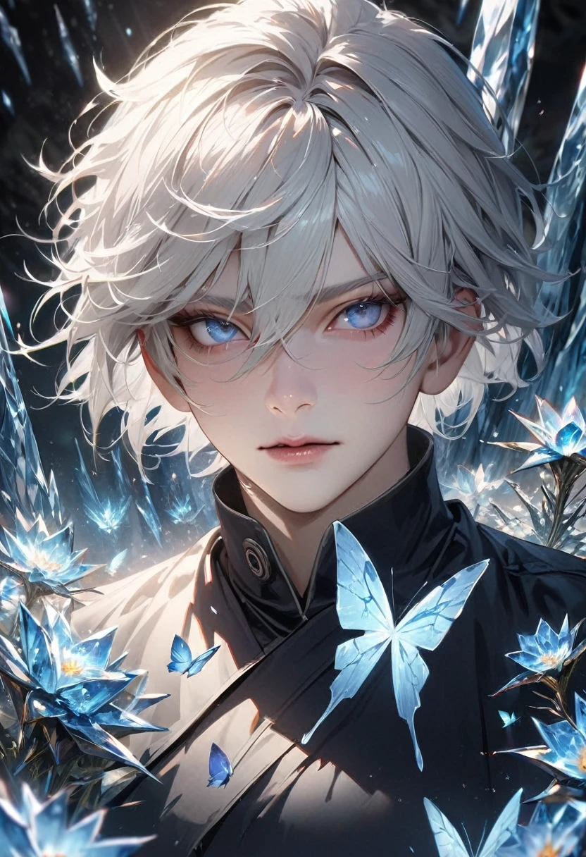 Absurd, High resolution, Super detailed, High resolution, masterpiece, Highest quality, Highly detailed face and eyes, Perfect Face, male性,Realistic Face, Beautiful Eyes, Satoru Gojo, White hair with bangs,Short Hair, Hair between the eyes, Expressive blue eyes, White eyelashes, JUJUTSU KAİSEN, alone, male, good looking, Ice Butterfly, Ice Tree, Ice Flower, Ice Flowerびら