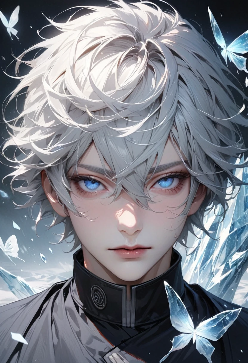 Absurd, High resolution, Super detailed, High resolution, masterpiece, Highest quality, Highly detailed face and eyes, Perfect Face, male性,Realistic Face, Beautiful Eyes, Satoru Gojo, White hair with bangs,Short Hair, Hair between the eyes, Expressive blue eyes, White eyelashes, JUJUTSU KAİSEN, alone, male, good looking, Ice Butterfly, Ice Tree, Ice Flower, Ice Flowerびら