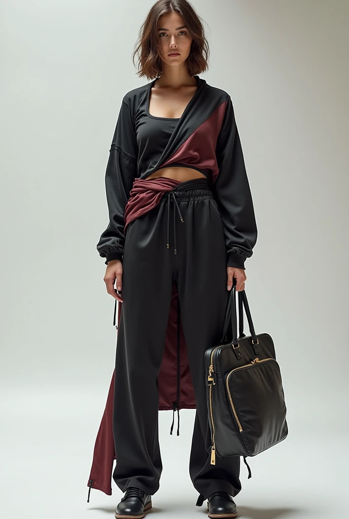 Create a design for women that is avant-garde and conceptual, that can be used to go to work, go to a party, but in the same way to exercise, that carries a handbag as an accessory, that she looks flirtatious