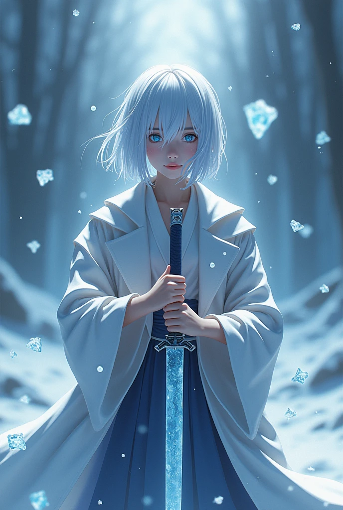 Digital Art of Rukia Kuchiki, Bank Forms(Hakka turtle), From anime《grim Reaper》, permanent, whole body, White hair, Light blue eyes, Frozen Katana, Ice Pellets, snowflake, Ultra Detailed, Surrealism, Look at the audience, 4K, Wide depth of field, Radiation Mapping, High Dynamic Range, masterpiece.