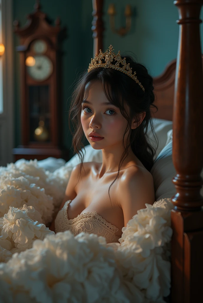Princess, on bed, eighteen years old, blue eyes, naked, small breasts, nude, nighttime, night, dark room, four poster bed, Victorian decor, grandfather clock, wooden floorboards, topless, soft nipples, shocked, startled, looking into camera, tiara, 
