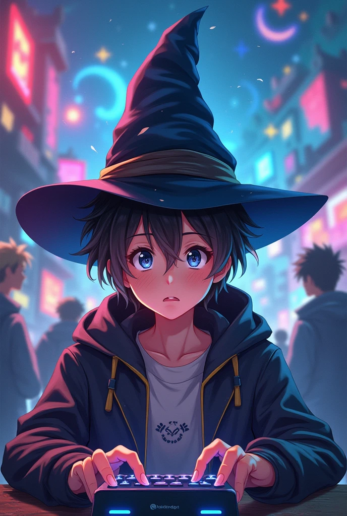 Gamer wearing sorting hat while playing anime style video game