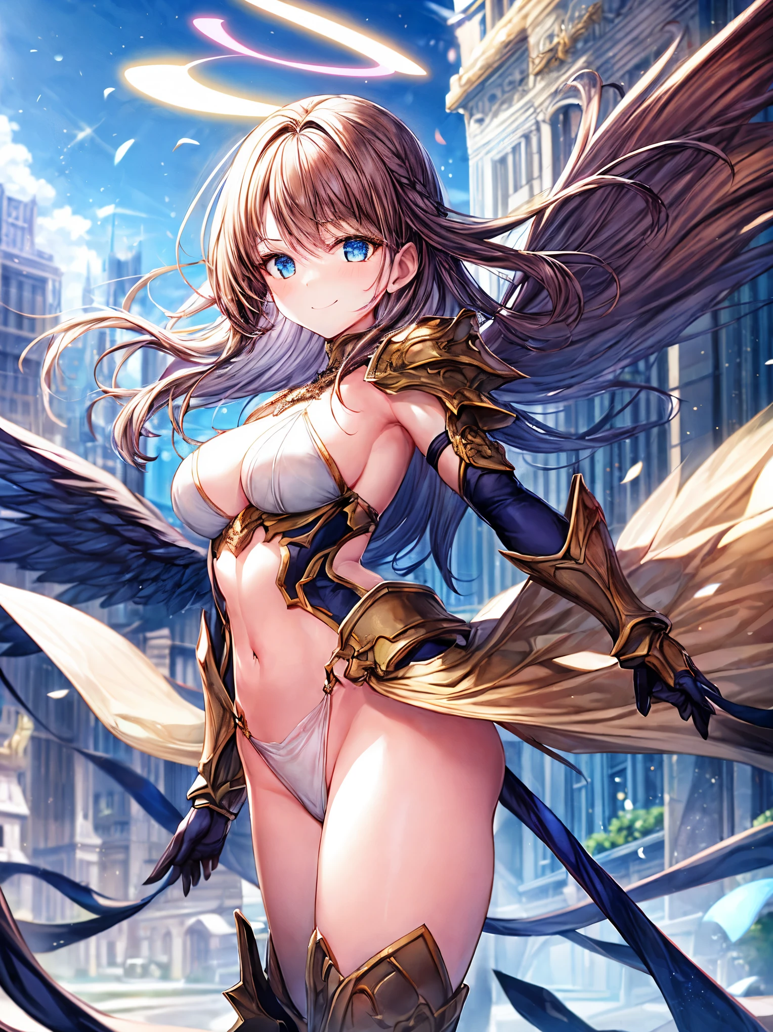 fantasy, 1angel_girl,(young_:1.5), ,brown_hair, medium_bob_hair, long_bangs, halo,bare_shoulder,thighhighs,silver_armor, waist_armor, large_breasts,1pair_wings, dynamic_pose_fighting,floating, bare_crotch, headgear,gauntlet, greaves,city_landscape_background,slightly_spread_legs, solo, groin_naked,smile