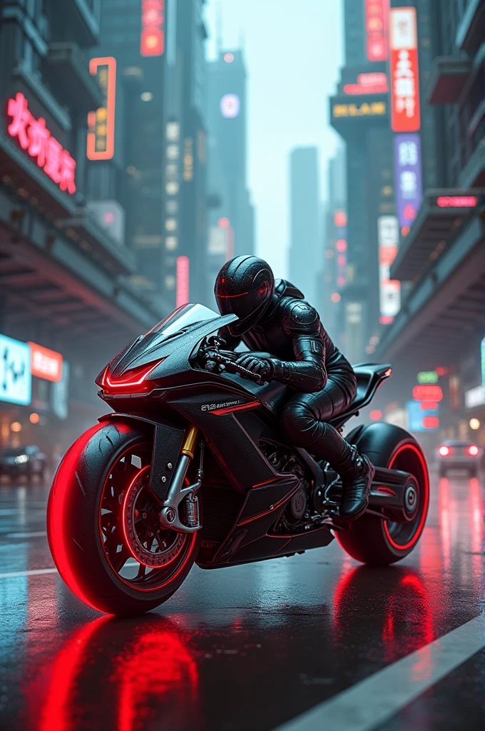 Black motorcycle with neon red wheels in a cyberpunk city