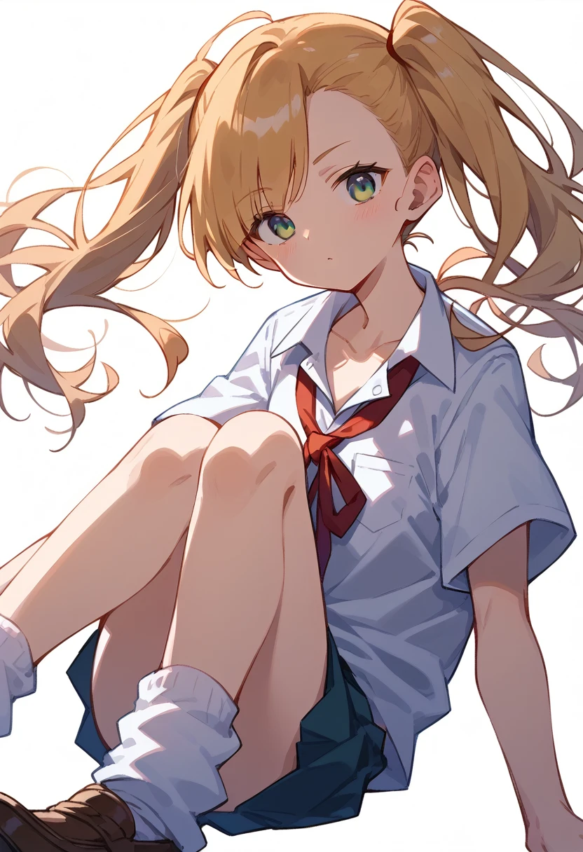 masterpiece, (score_9,score_8_up,score_7_up,score_6_up), 1 girl, green eyes, little sassy, bitch / cockslut / whore, skinny, tsurime, asymmetrical bangs, twintails, (blond hair:1.3), (school uniform), (white collared shirt, plain pattern shirt, short sleeves, shirt tucked in:1), (red plain pattern narrow neck ribbon:1.2), brown loafers, white loose socks ,