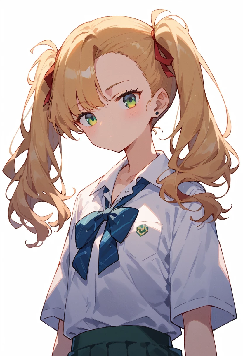 masterpiece, (score_9,score_8_up,score_7_up,score_6_up), 1 girl, green eyes, little sassy, bitch / cockslut / whore, skinny, tsurime, asymmetrical bangs, twintails, (blond hair:1.3), (school uniform), (white collared shirt, plain pattern shirt, short sleeves, shirt tucked in:1), (red plain pattern narrow neck ribbon:1.2), brown loafers, white loose socks ,