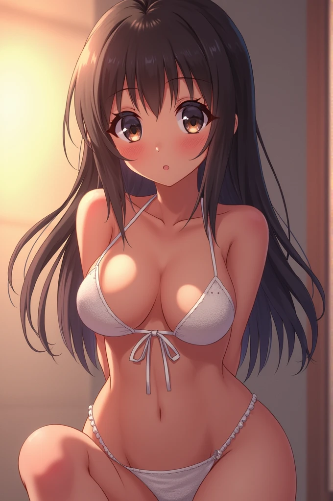 nsfw,((Beautiful nipples))、Highest quality、((White bra))、Very delicate and beautiful、I、(( ))、Japanese Girl、Primary schot bangs))、((Bangs))、Brown Hair、Short Bob、Cute face、Cute like an idol、Yellow Eyes、Are thin、Slim figure、Bright room、Daytime、White bra、Junior High 、belly button、Nice thigm above、Checked mini skirt、