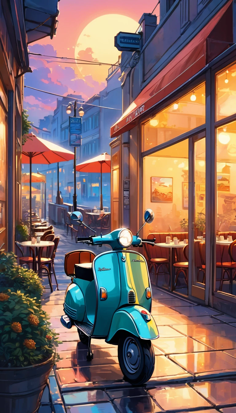 a painting of a scooter in front of a cafe with a sunset in the, cozy cafe background, cafe, beautiful retro art, scenery artwork, cafe in the clouds, warm beautiful scene, scenery art detailed, diner caffee, dream scenery art, watching the sun set. anime, anime scenery, in a sidewalk cafe, at a beautiful sunset, beautiful aesthetic art, nightcafe, in a bright cafe, super detailed color art, beautiful comic art, beautiful anime scenery, retro style art