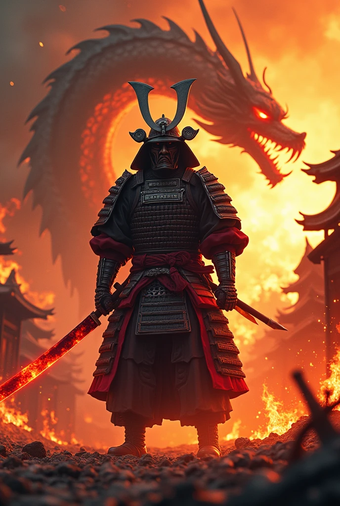 A shogun in a burning village angry holding his katana which red in color with hot tempered blade and he is alone
He has his full Armor with helmet and he isn't showing his face there is dragon shadow coming from his back dragon is Japanese folklore 