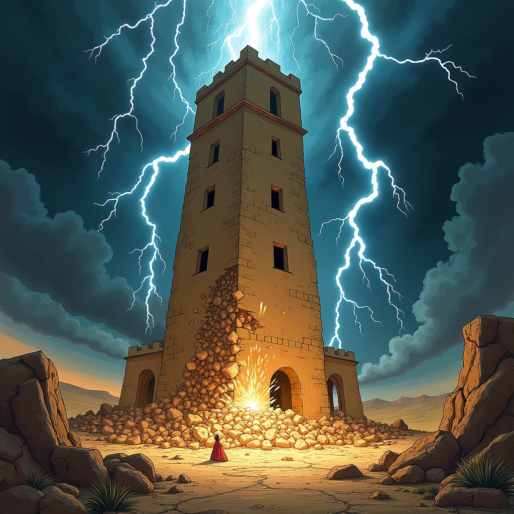 tarot cards:tower:An illustration,((lightning strike)),tower destroyed by lightning,Adobe An Illustrator,draw with thick lines,rich colors,mysterious,,masterpiece,best masterpiece,Light and shadow,draw carefully,calm colors,fantasy,dark fantasy,rendering,,zentangle elements.