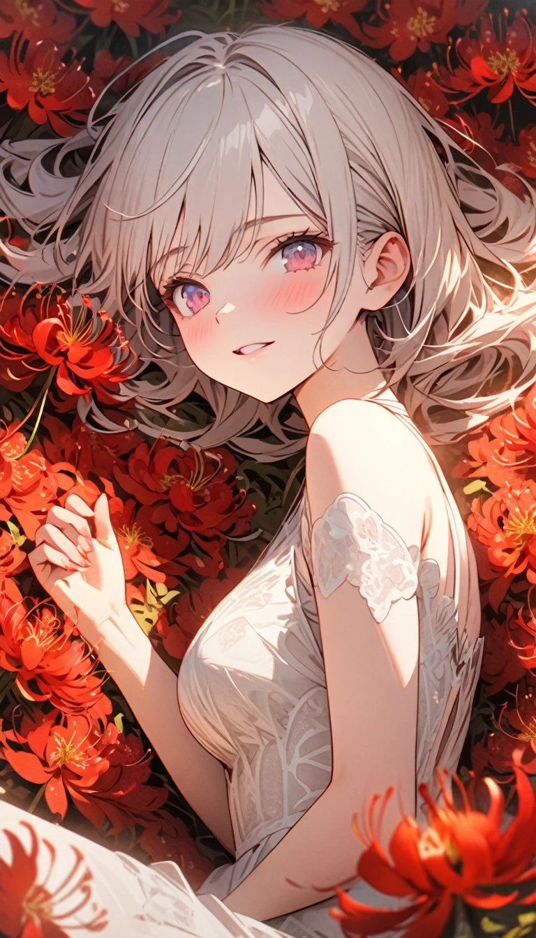 Beautiful girl with white hair, Lying in the Red spider lilyFlower Field, Red spider lily,Flower Field,Aerial perspective shooting, out-of-door, Very delicate lace, best quality, 4K, 8k, Very detailed, High Detail, masterpiece