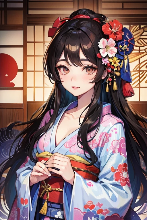 A beautiful woman in a kimono shows her white teeth、Vividly colored Japanese Ukiyo-e style illustrations、SeaArt creates stunning illustrations of beautiful women in kimono、Brown-black long hair、Full Body Style、Beautiful digital illustrations,、Beautiful digital painting, Anime CG art, Detailed digital anime art, Beautiful anime portraits