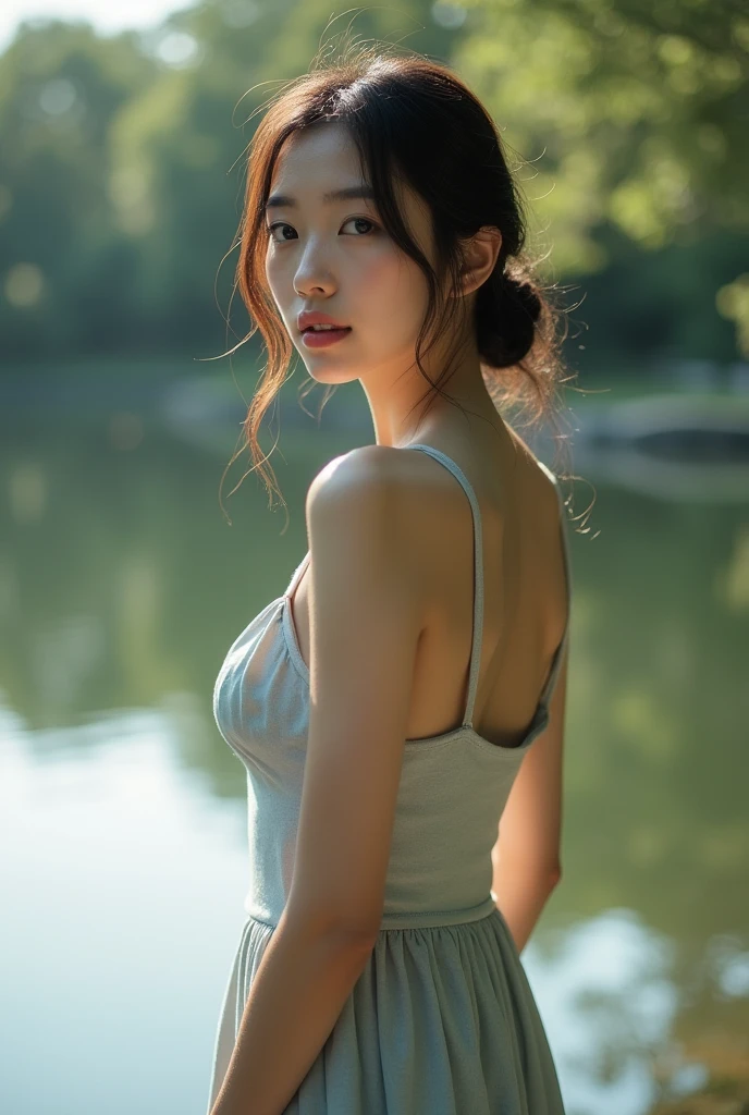 Japanese actress standing by the water, Soft Light, Backlight, Shot with Canon EOS 5D, Soft Lowlights, DSLR 5.0 mm 、Soft lighting, Soft light from the side。The latest beauties of 2024、From the groin up