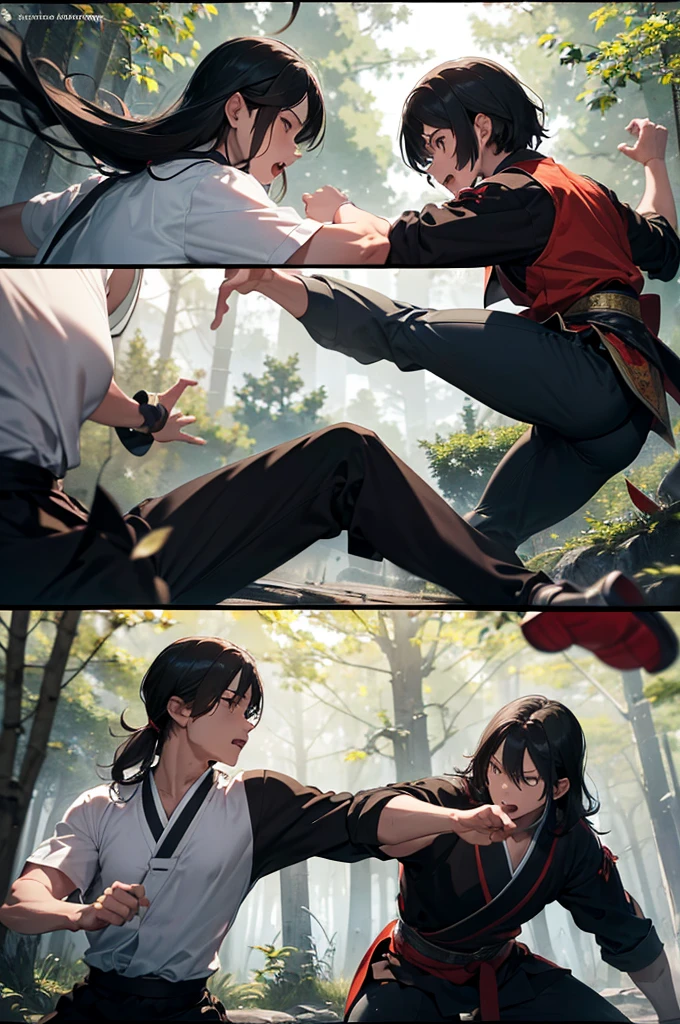 A highly detailed and dynamic scene set in an ancient Chinese wuxia (martial arts) world. In a dense forest, two young men are engaged in an intense battle. One is using powerful hand strikes, demonstrating his mastery of martial arts with fierce energy blasts. The other is skillfully wielding small throwing knives, launching them with precision and speed. The scene captures the tension and action of their fight, with the surrounding forest adding a dramatic and atmospheric backdrop. The overall style should evoke the essence of classic Chinese martial arts duels.
