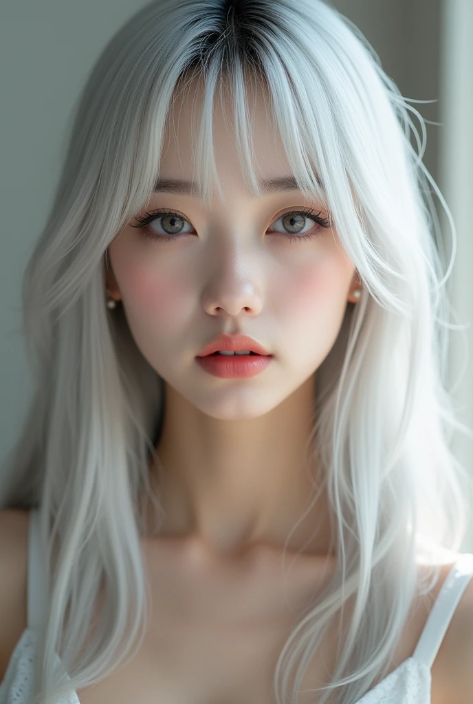 pretty asain girl with straight long hair with bangs in her forehead she has pouty plump natrually pink lips her hair colour is platinum silver with straight eyebrows and a pretty small face shape she has upturned asian eyes