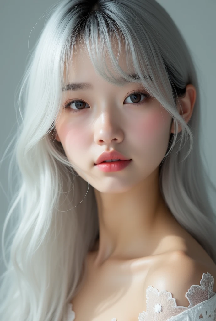 pretty asain girl with straight long hair with bangs in her forehead she has pouty plump natrually pink lips her hair colour is platinum silver with straight eyebrows and a pretty small face shape she has upturned asian eyes 