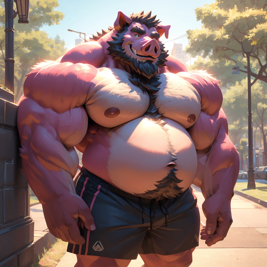 1boy, 1man, solo, a potrait (furry pig, pink skinned, pink furr), (face:1.3, detailed face, bearded, beard, thick mustache), chubby, fat belly, huge belly, Park, extremely huge muscular, massive muscular , (topless, shirtless, shorts), well-muscled old man. ((extremely muscle size, super thick arms, huge pec, hyper pec, bigger chest, extremely wide pectoral , huge arms)), wide smiling. Add textures and details to make the image more realistic, such as the appearance of the. Make sure the resulting image is high resolution, 8K quality