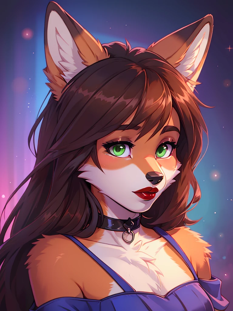Best quality, furry male fox with green eyes, with brown long hair, with black spout, with red lipstick on lips, big lips, in a blue dress, crossdressing,  shy, choker on the neck, off-the-shoulder dress, flirts, sexy pose, portrait, against the backdrop of an empty nightclub