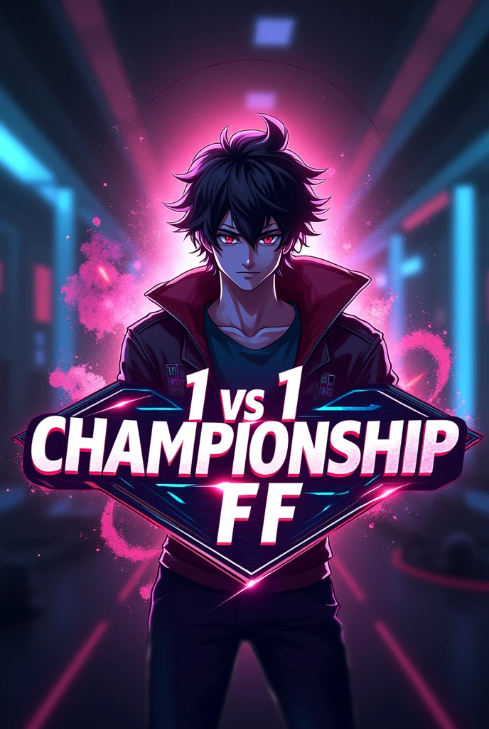 This is a gaming logo that features the name "1 vs 1 championship Amazing FF" in a futuristic font and a neon color. and Men Anime avtar Asta, The logo also has a Gaming background. The logo is designed to be attractive and eye-catching, and to appeal to gaming enthusiasts and You Tube viewers, I hope you like it.