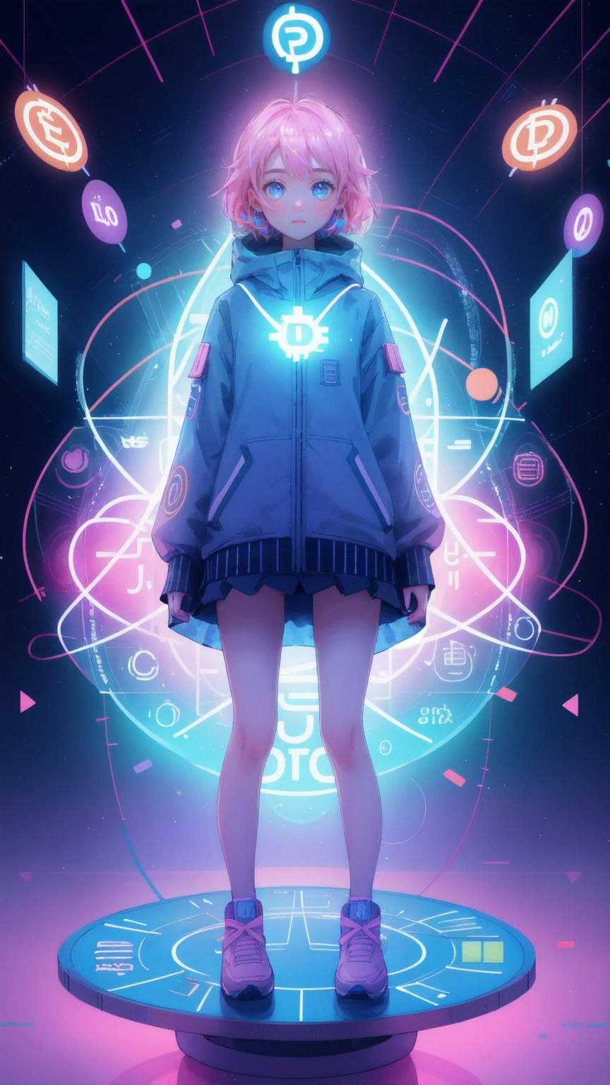 Depict a cute, curious girl in a colorful, glowing environment similar to a mysterious digital realm. She stands surrounded by Bitcoin symbols and large, glowing question marks, representing the intrigue and exploration of cryptocurrency. The background should be blue, filled with vibrant digital confetti and Ethereum symbols floating in the air, highlighting the playful yet enigmatic world of digital assets.