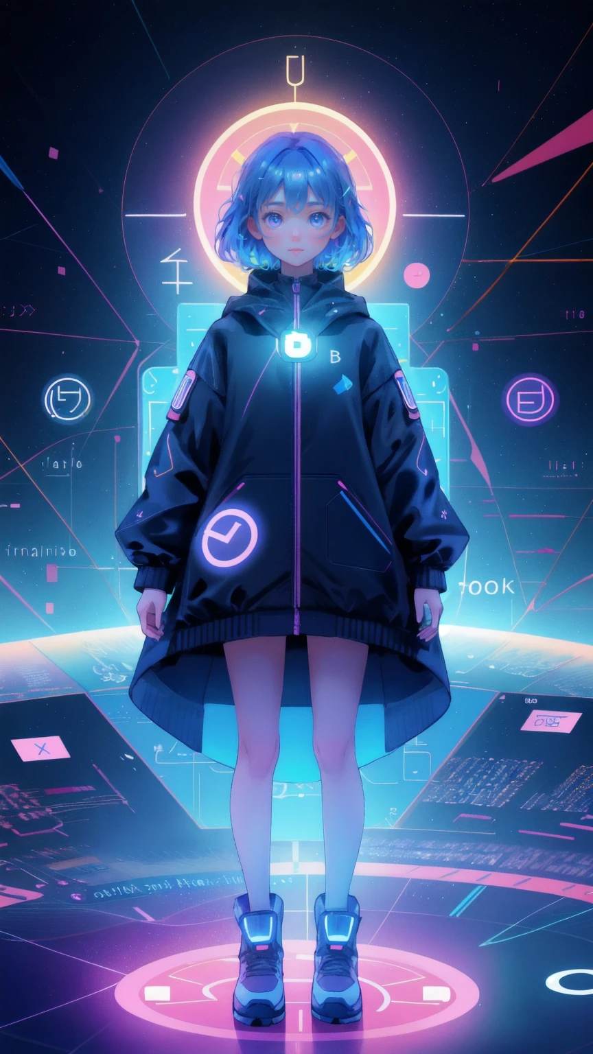 Depict a cute, curious girl in a colorful, glowing environment similar to a mysterious digital realm. She stands surrounded by Bitcoin symbols and large, glowing question marks, representing the intrigue and exploration of cryptocurrency. The background should be blue, filled with vibrant digital confetti and Ethereum symbols floating in the air, highlighting the playful yet enigmatic world of digital assets.