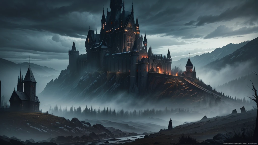 a dark fantasy landscape, dark moody atmosphere, dramatic lighting, dark clouds, dark forest, dark castle, dark magic, dark creatures, dark characters, dark colors, cinematic lighting, dramatic shadows, (best quality,4k,8k,highres,masterpiece:1.2),ultra-detailed,(realistic,photorealistic,photo-realistic:1.37)