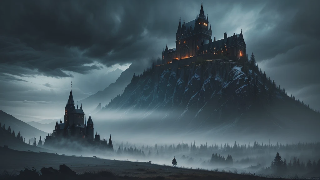 a dark fantasy landscape, dark moody atmosphere, dramatic lighting, dark clouds, dark forest, dark castle, dark magic, dark creatures, dark characters, dark colors, cinematic lighting, dramatic shadows, (best quality,4k,8k,highres,masterpiece:1.2),ultra-detailed,(realistic,photorealistic,photo-realistic:1.37)