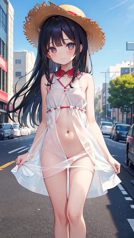 (masterpiece), Highest quality, One Girl, , cute, Flat Chest, Black Hair, Very long hair, She is looking towards the viewer, She is wearing a bright red leather collar., A lead extends from the collar, The lead is in the man's hand.,
She is wearing a white mini dress, Pure white clothes, white dress, Clothes without collars, The dress is sleeveless, exposing her bare shoulders and collarbones., The material of her clothes is very thin, The dress is see-through, The naked body is clearly visible, Erect nipples, Nipples are visible, Almost naked,
Not wearing a skirt, Not wearing a bra, Not wearing panties, The hem of the dress is very short, The lower half is naked, She is exposing her waist, her belly button is visible, her pussy is visible, She purposely shows off her pussy, The crotch line is visible through the fabric, she has no pubic hair, Show me that you don't have pubic hair.,
She stands with her legs spread, Open your knees, Wearing a straw hat, She is barefoot and wearing sandals,
Outdoor, She is standing in the city, There's a big road behind her, Many passersby are walking, Very shy, blush, Being mindful of the surroundings, Handbags,