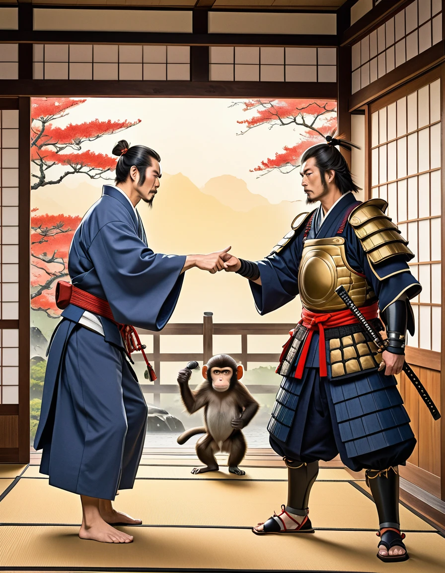 A Japanese samurai with a monkey-like appearance standing in a traditional Japanese setting, wearing simple armor. Another samurai, taller and more regal, is pointing at him, calling him a nickname. The scene is lighthearted yet slightly mocking.