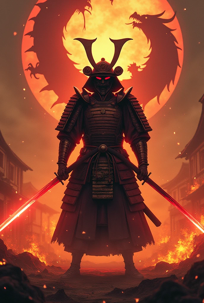 A shogun in a burning village angry holding his katana which red in color with hot tempered blade and he is alone
He has his full Armor with helmet and he isn't showing his face there is dragon shadow coming from his back dragon is Japanese folklore 