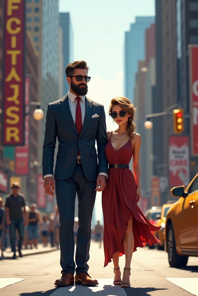 Handsome man with hight 6.1 beard standing on the newyork street with sunglasses and his girlfriend hight 5 feet