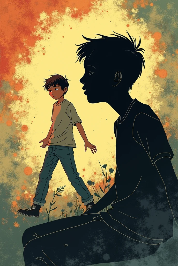 Simple (sibille artstyle) comic strip cover will have the main character ( boy) in the middle, with a smaller version of himself (will be placed somewhere in the stomach part) falling inside his body (larger body was colored completely black), surrounded by distorted memories in the background.